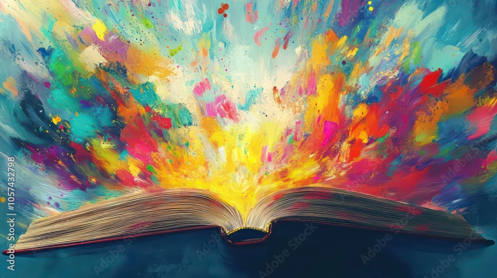 Poster an open book radiates colorful light and cosmic elements, symbolizing imagination and knowledge.