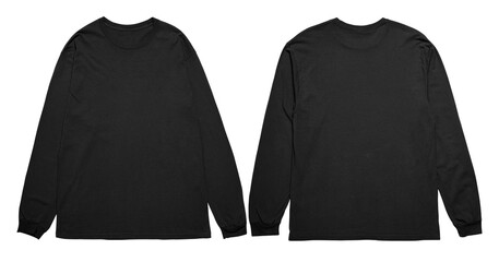 Two black longsleeved shirts, front and back. Perfect for showcasing apparel design, clothing mockups, fashion presentations, and online retail stores.