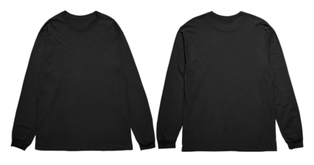 Two black longsleeved shirts, front and back. Perfect for showcasing apparel design, clothing mockups, fashion presentations, and online retail stores.
