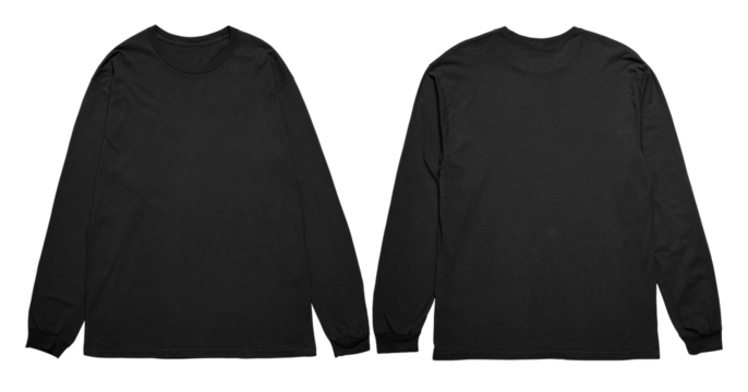 Two black longsleeved shirts, front and back. Perfect for showcasing apparel design, clothing mockups, fashion presentations, and online retail stores.