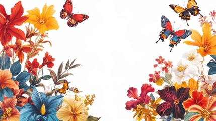 A vibrant frame featuring a variety of tropical flowers and colorful butterflies, creating a lively border against a white