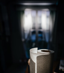 Selective focus on a paper towel roll with textured surface, illuminated against a dark, softly blurred background indoors.