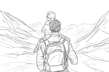 A father carrying his son on his shoulders while hiking through a mountain range.