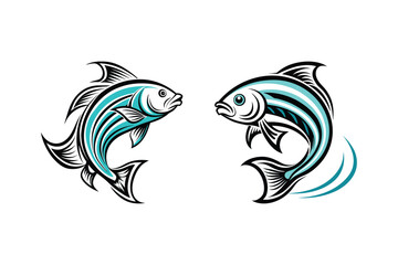 2 Sets of Sophisticated Fish Logo with Metallic Teal and Silver Wave Patterns for Spa and Wellness Branding.