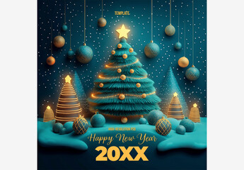 Holiday Templates: Christmas Tree with Gold Ornaments & Star, Snowflakes, and Festive Blue Background Generative AI