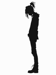 Person with a ponytail is standing in front of a white background. The person is wearing a hoodie and he is looking down. The image has a moody and introspective feel to it