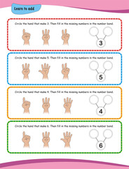Young children in nursery or kindergarten can build their adding skills by counting on their fingers with this worksheet. Learn to add.