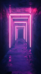 Fototapeta premium Dark underground passage with escolator and neon light, advertising light box, Mockup, tunnel with light beams