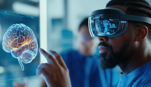Futuristic neuroscientist wearing virtual reality headset examining a 3D holographic brain model