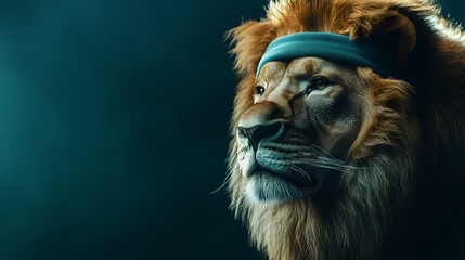 Athletic Lion Wearing Sweatband in Sporty Background for a Strong, Energetic Theme