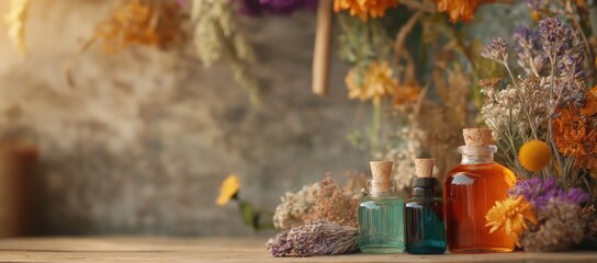 Natural essential oils aromatherapy candles and botanical ingredients on a rustic wooden background  Representing the wellness relaxation and self care benefits of natural