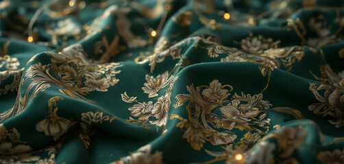 Fototapeta premium Dark green floral fabric with vintage rose patterns and intricate details