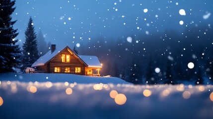 Fototapeta premium Cozy cabin in snowy landscape, glowing windows in winter wonderland.