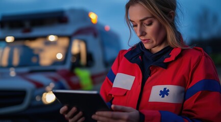 Portrait of a female paramedic in red uniform standing near an emergency vehicle at night using a digital tablet device to assist with an urgent medical situation  She is focused and attentive - Powered by Adobe