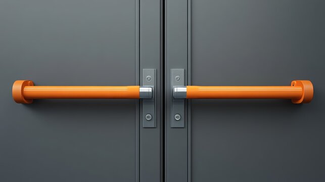 Emergency exit with two grey doors, detailed closeup on the latch, orange handle, and push bar; realistic rendering for safety awareness