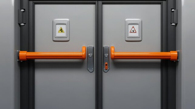 Emergency exit with two grey doors, detailed closeup on the latch, orange handle, and push bar; realistic rendering for safety awareness