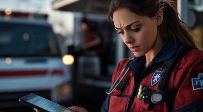 Portrait of a female paramedic in uniform examining a digital tablet at the scene of a nighttime emergency  She is part of the emergency services team responding to a critical situation
