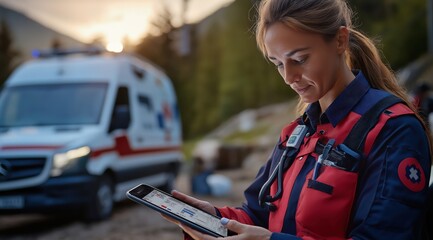Young female paramedic or emergency medical technician in uniform using digital tablet or smartphone at the scene of a medical emergency or accident with ambulance vehicle in the background