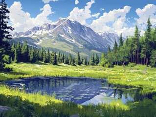 Scenic mountain landscape with a tranquil pond and lush greenery under a clear blue sky.