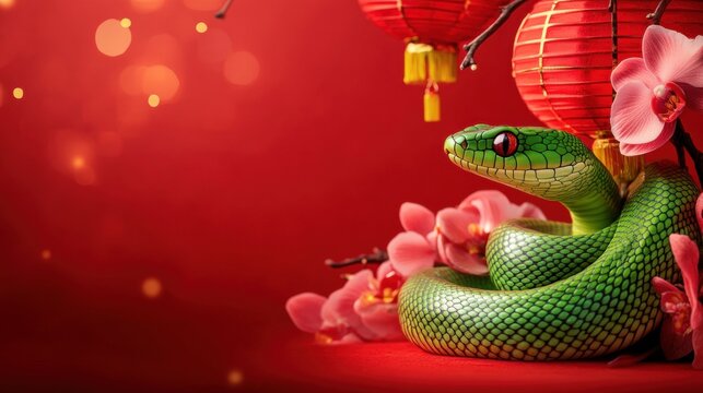 Cute green snake, Chinese new year celebration, orchid flower, red china lantern, red background. High quality, high detailed.