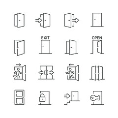 Vector line set of icons related with open door. Contains monochrome icons like door, exit, doorway, entry and more. Simple outline sign.