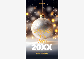 Holiday Template: Christmas Ball with New Year Message, Snowy Bokeh Lights & Festive Red Text Generative AI