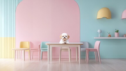 Fluffy 3D dog image on a minimalist, pastel background in a pet cafe setting; adorable and inviting for animal lovers.
