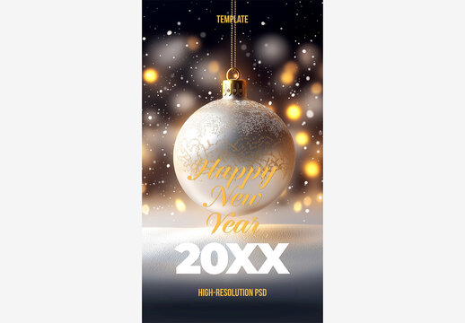 Holiday Template: Christmas Ball with New Year Message, Snowy Bokeh Lights & Festive Red Text Generative AI