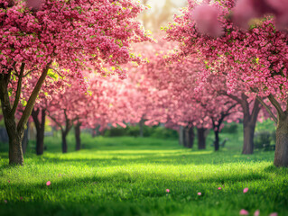 Fototapeta premium Serene cherry blossom trees in full bloom create a vibrant pink canopy over a sunlit green meadow.