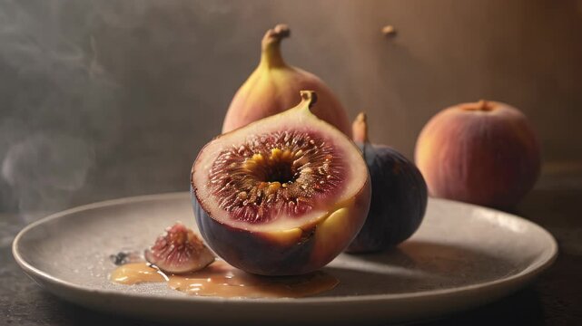 fig dessert on a black background, Generative AI.