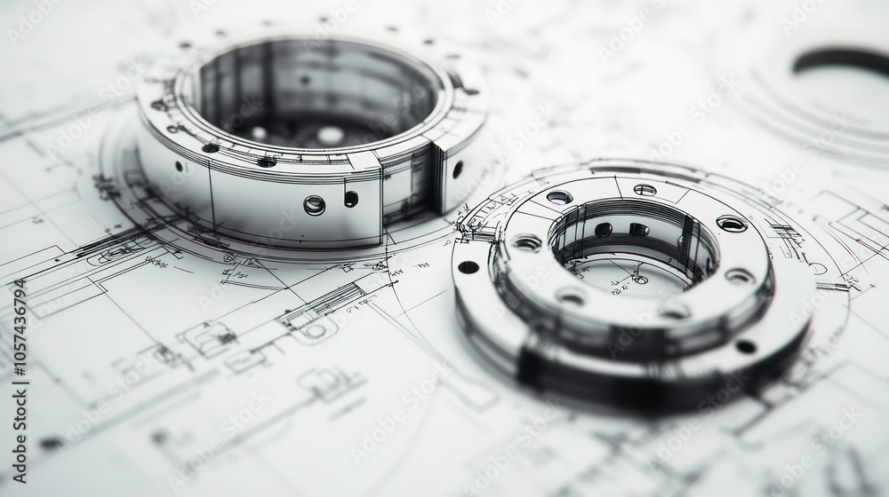 Fototapete technical drawing featuring mechanical components on a blueprint background.