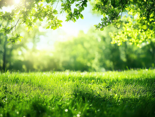 Fototapeta premium Serene sunny meadow with lush green grass and overhanging branches in a tranquil setting.