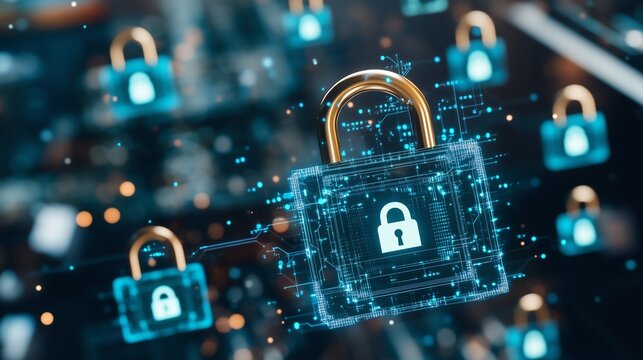 Digital security concept with glowing lock symbol, representing cybersecurity and data protection in the digital world.