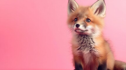 Obraz premium Fluffy baby fox sitting on a solid pink background, adorable and playful