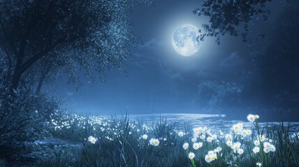 Naklejka premium quiet spring night with the full moon shining through the trees and flowers looking out, moon generative ai