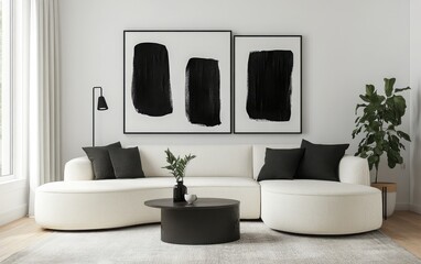 A sleek, modern living room with an ivory-colored oval sofa, a minimalist round coffee table, and striking black abstract art on the wall