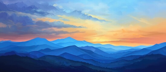 Obraz premium Blue And Orange Sky At Sunset With Shady Mountains