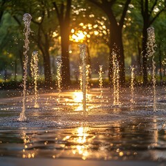 Water jets shooting up from the ground in a splash pad.
