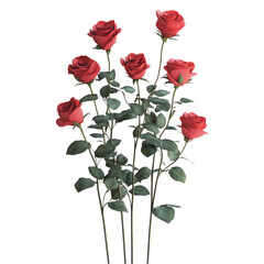 Naklejka premium A bouquet of seven red roses with green leaves and stems, isolated on a black background.