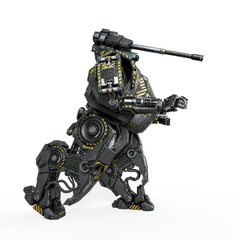 the war machine is walking for action on white background in side view