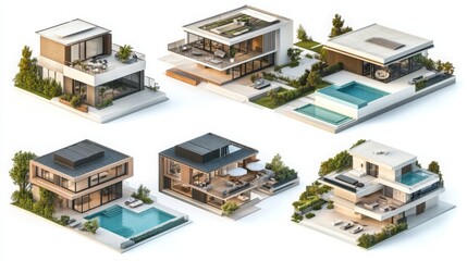 Isolated 3D render of a modern house with a luxurious swimming pool, viewed from various angles on a white background. 