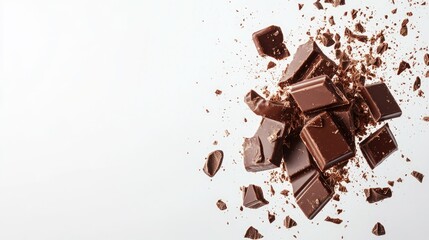 Fototapeta premium Chocolate bar pieces cascading into a splash of chocolate isolated on a clean background