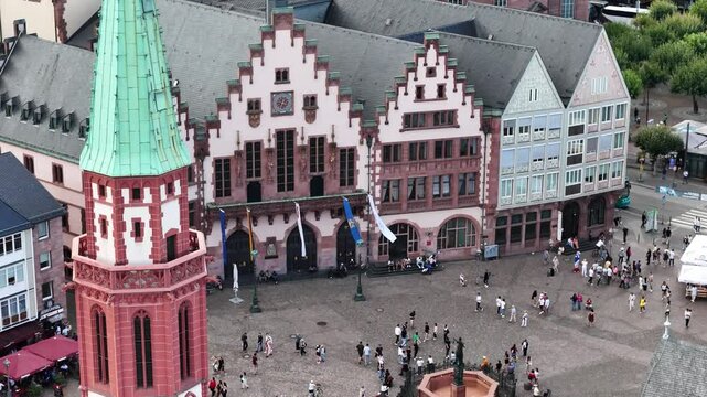 Aerial shot of Old St. Nicholas Church and Romer city hall in Frankfurt, Germany