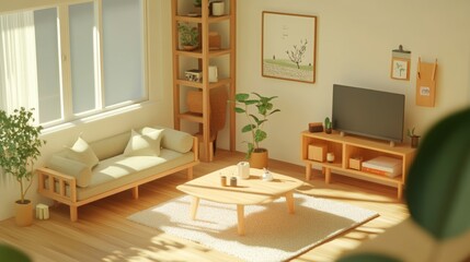Isometric 3D render of a Muji-style open living room with minimalist decor; serene, natural atmosphere in digital art format