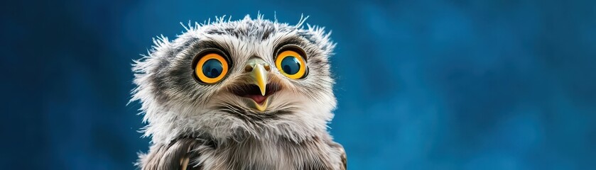 Fluffy baby owl with a shocked face, wide eyes and fluffy feathers, on a bright blue background, lively and charming