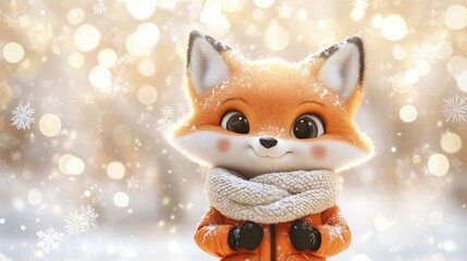 Adorable cartoon fox in a cozy winter outfit featuring an orange jacket set against a softly blurred background with snowflakes and bokeh lights