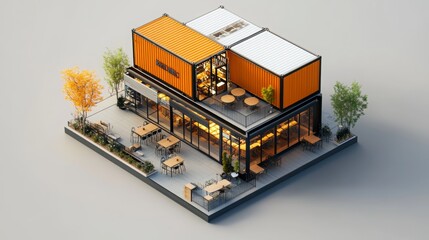 Isometric, minimal-style 3D render of a cafe and restaurant built from shipping containers; architectural digital art with a unique look. 