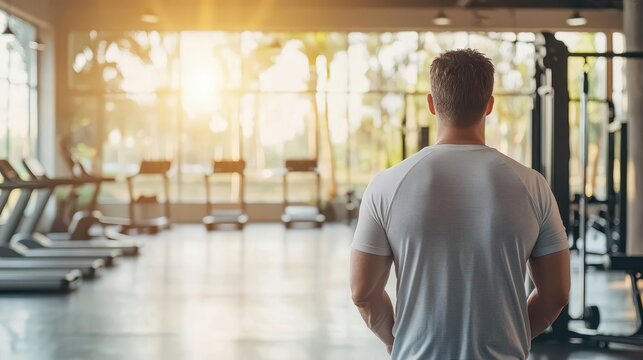 Overweight man experiencing back discomfort, gym environment, weight loss and health theme