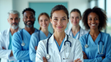 Diverse team of medical professionals in uniform posing together in a hospital setting. Multidisciplinary medical team led by a female doctor in a healthcare facility.