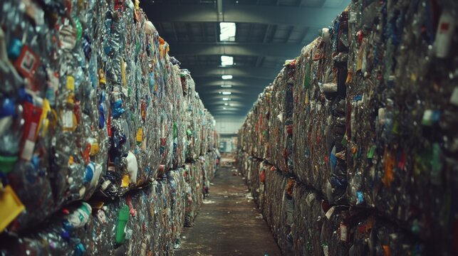 Plastic Waste Compaction: Bales of compressed plastic bottles and containers are stacked high in a recycling facility, awaiting